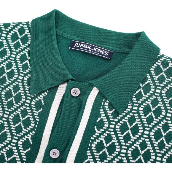Men's Pure Green Viscose 70s Vintage Short Sleeve Contrast Knitted Polo Shirts - Picture 2 of 6